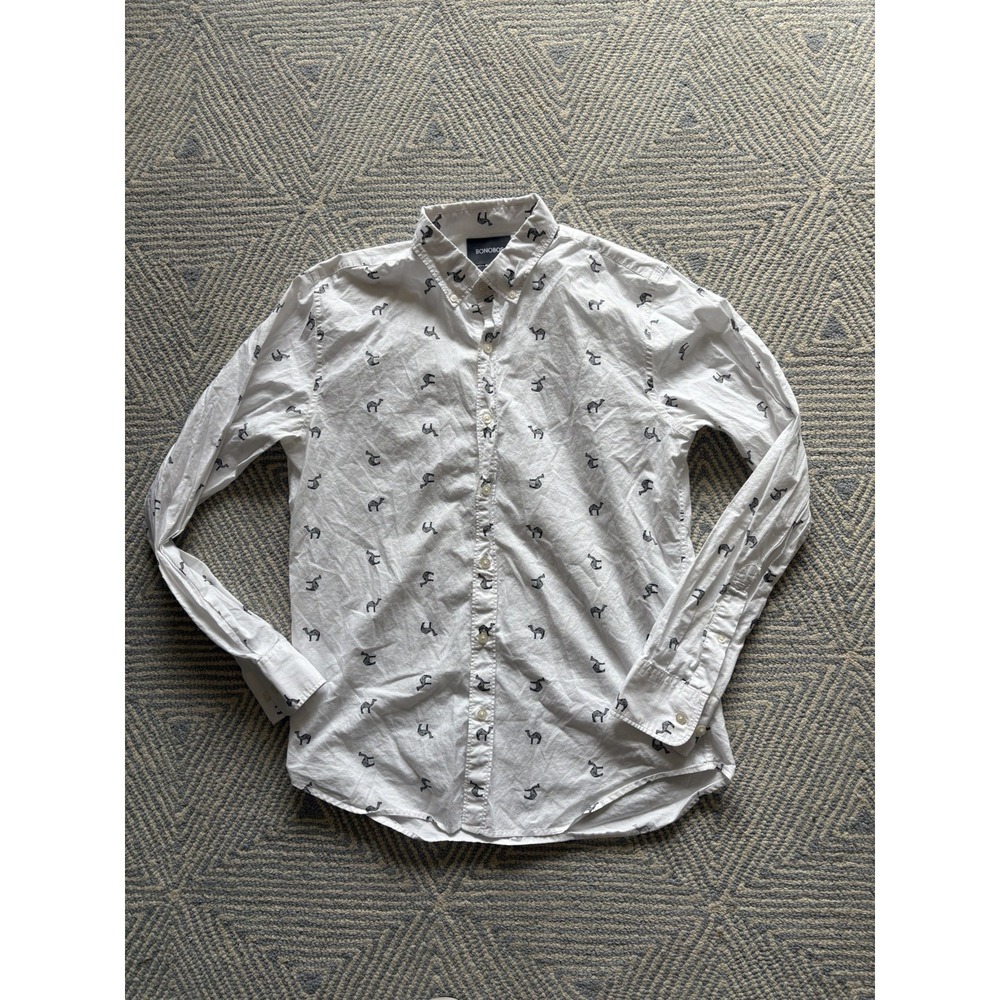 Bonobos‎ Long Sleeve Button Shirt - White w/ Camel Graphic - Slim Fit Medium
